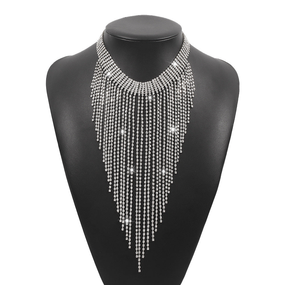 Wholesale Row Diamond Tassel Rhinestone Exaggerated Necklace