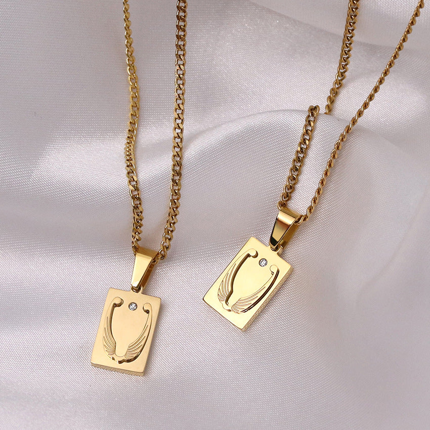Wholesale Wings with Diamond Square Pendant Titanium Steel Golden Zircon Clavicle Chain