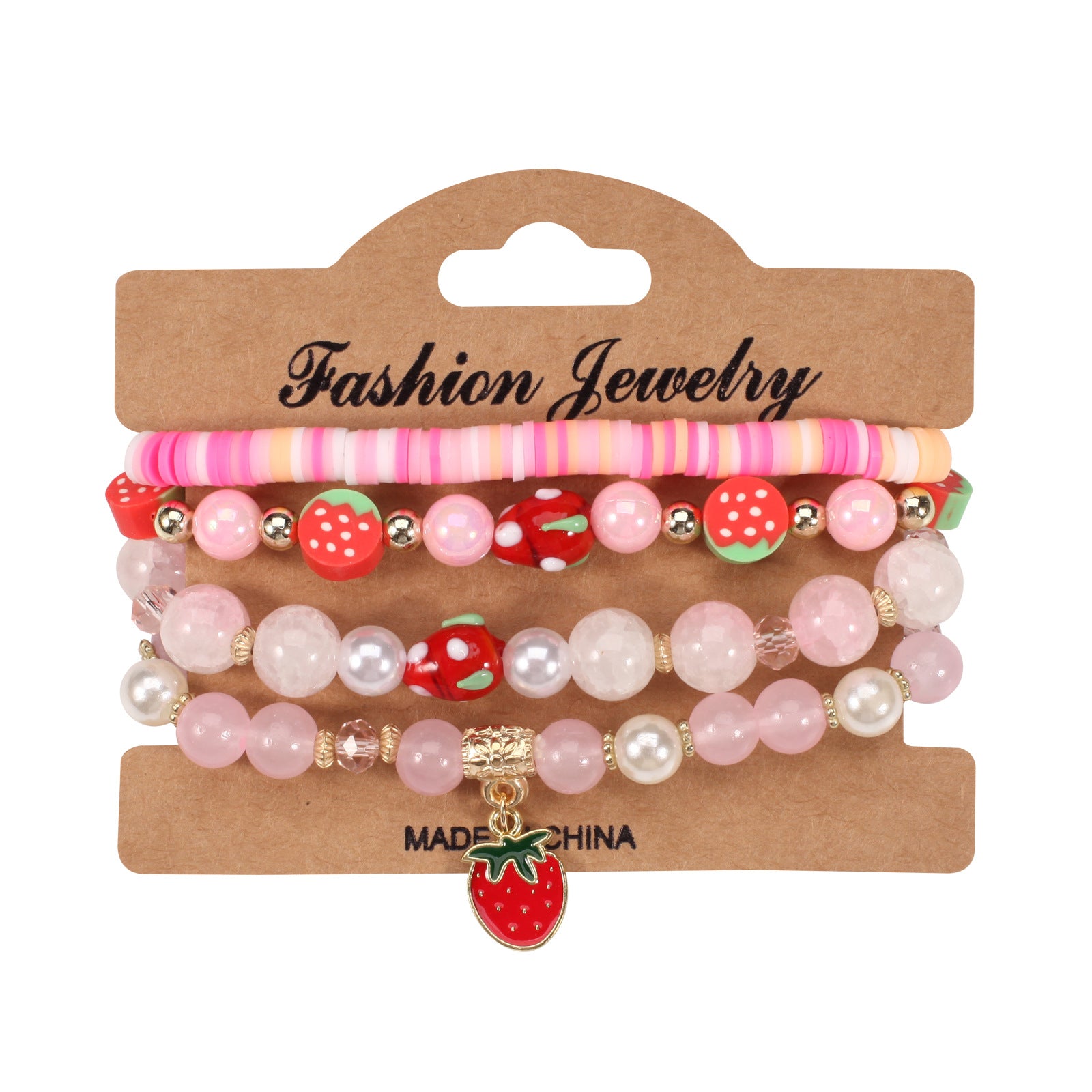 Wholesale Cartoon Cute Fruit Strawberry Pendant Glass Beaded Multi-layer Elastic Bracelet