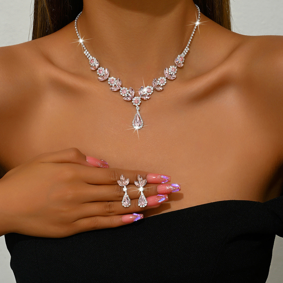 Wholesale Crystal Purple Rhinestone Necklace Earrings