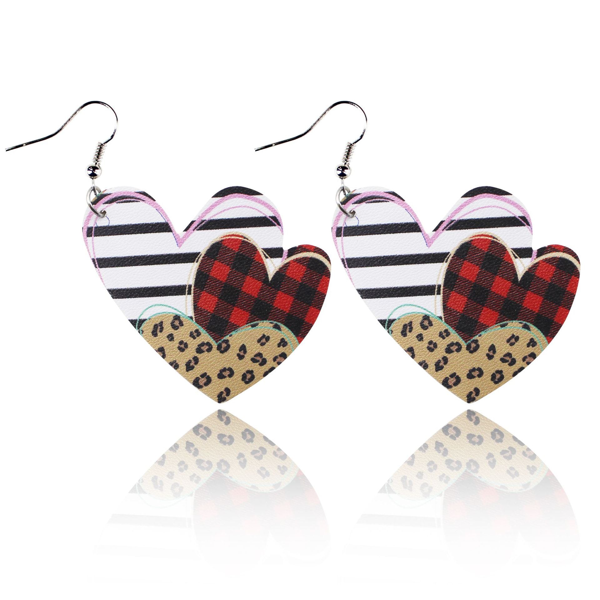 Wholesale Valentine's Day Red and Black Plaid Stripe Tie Dyed Leopard Heart Double Sided Leather Earrings