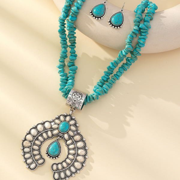 Wholesale Retro round flower turquoise pendant ethnic style alloy geometric earrings necklace jewelry set
