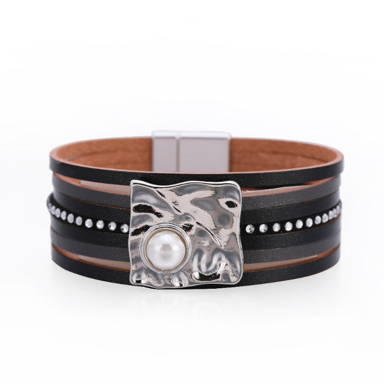 Wholesale Bohemian Multi-layered Leather Buckle with Pearl Bracelet