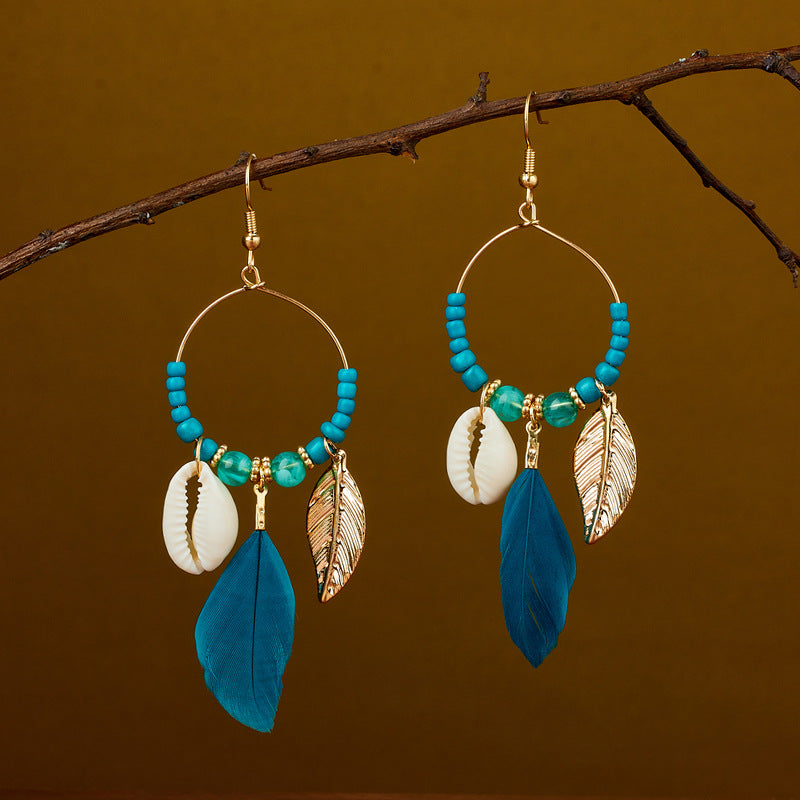 Wholesale Ethnic retro long multi-color holiday feather beaded circle earrings