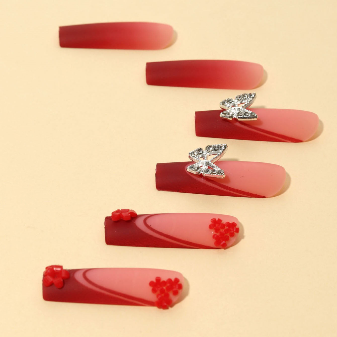 Wholesale Blood red French butterfly diamond embellished Press-on Nails