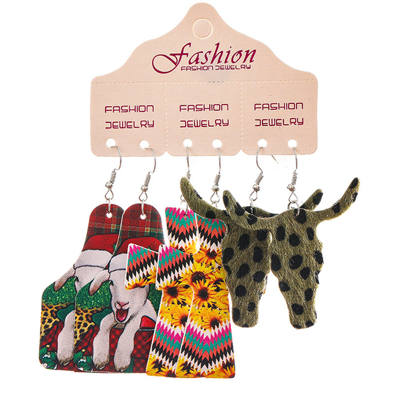 Wholesale 2 Sets Christmas Set Bull Head Cactus Sunflower Horseshoe Water Drop PU Leather Earrings