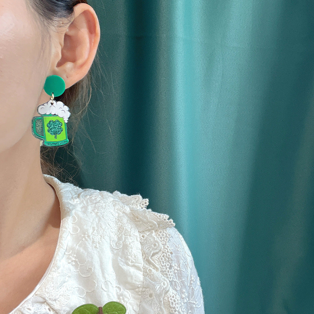 Wholesale St. Patrick's Day Irish Carnival Green Acrylic Glitter Clover Earrings