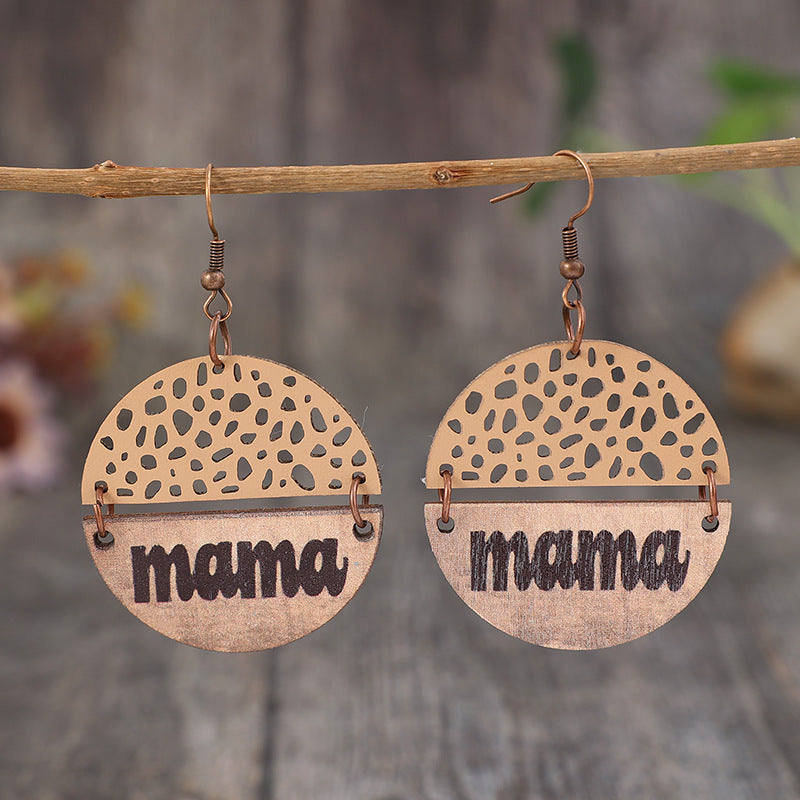 Wholesale Mother's Day Retro Wood Leather Letter Mom Round Earrings