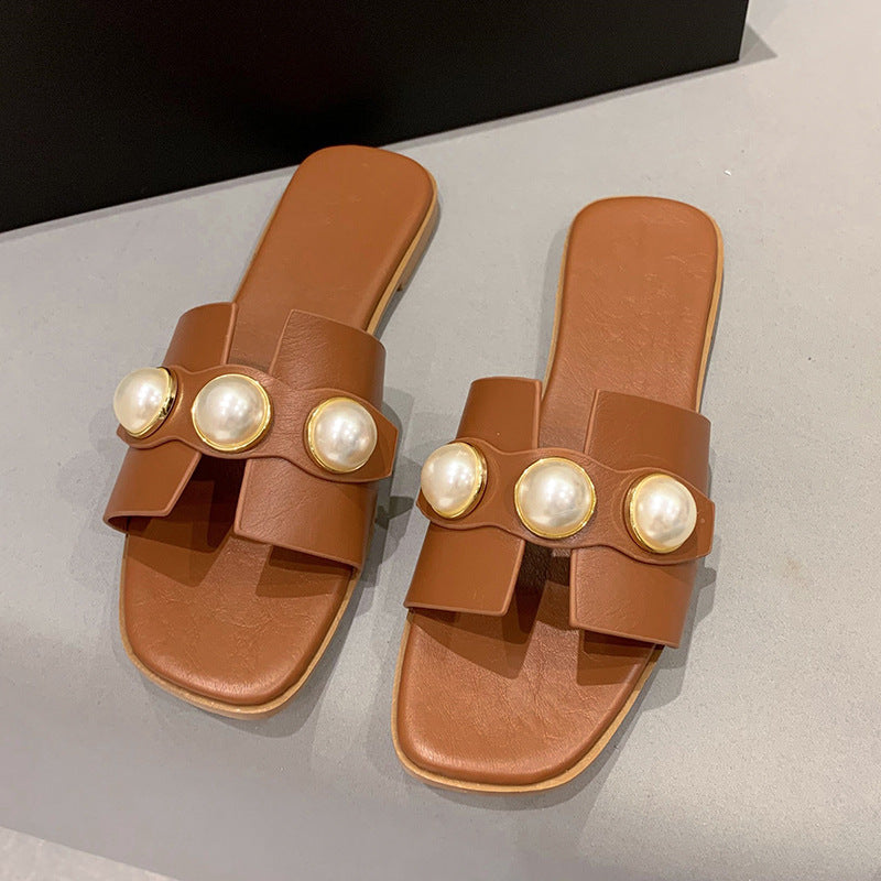 Wholesale Pearl Hollow Low Heel Square Toe Slippers