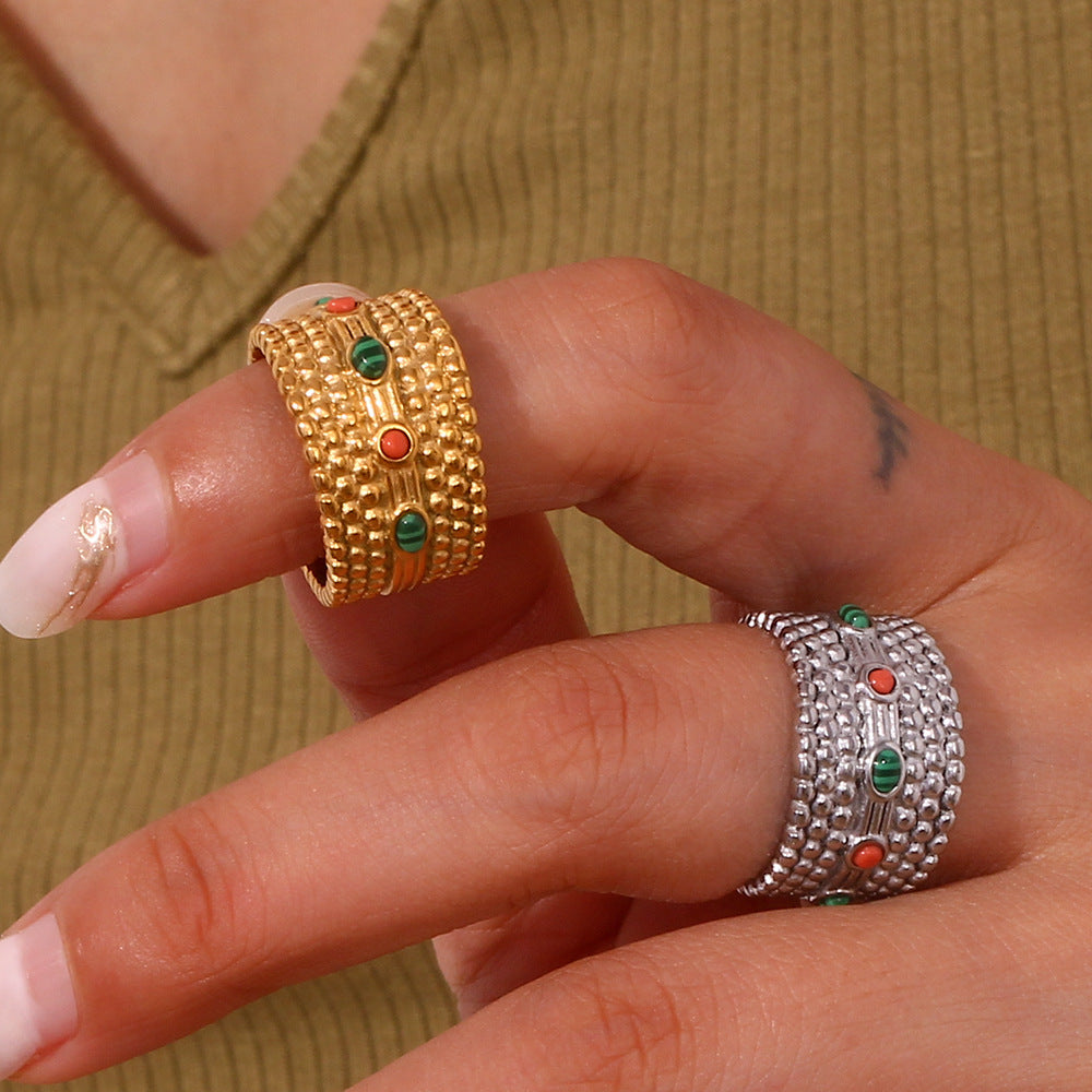 Wholesale Colorful Natural Stone Polka Dot Stainless Steel Gold Plated Rings