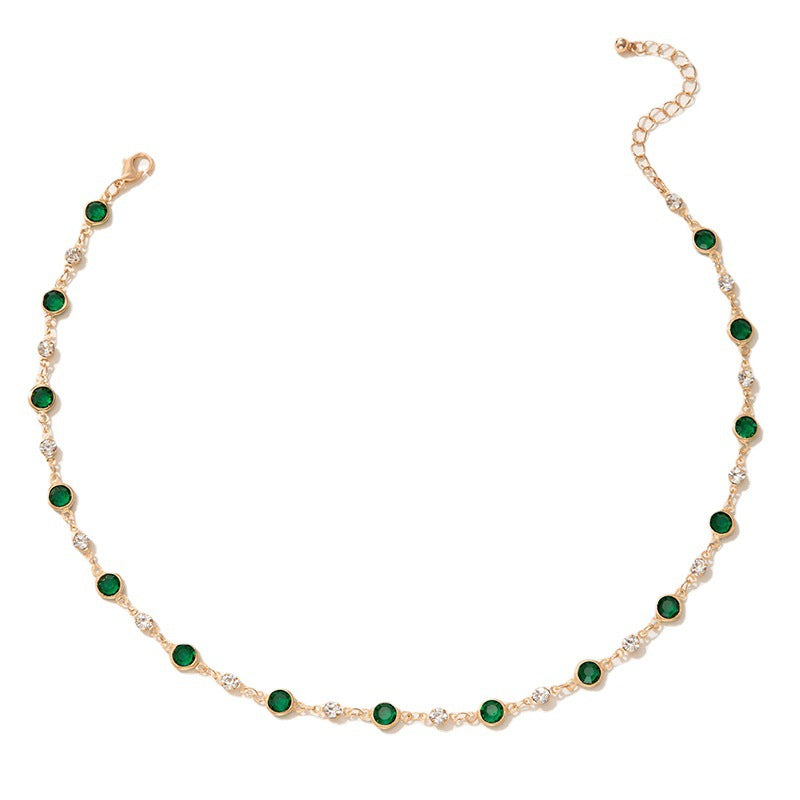 Wholesale Green Zircon Niche Personality Retro Diamond Short Necklace Clavicle Chain
