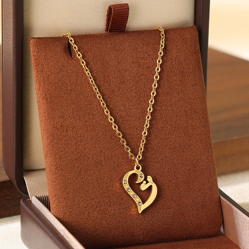 Wholesale Mother' s Day Diamond studded Hollow Moon Love Stainless Steel Necklace