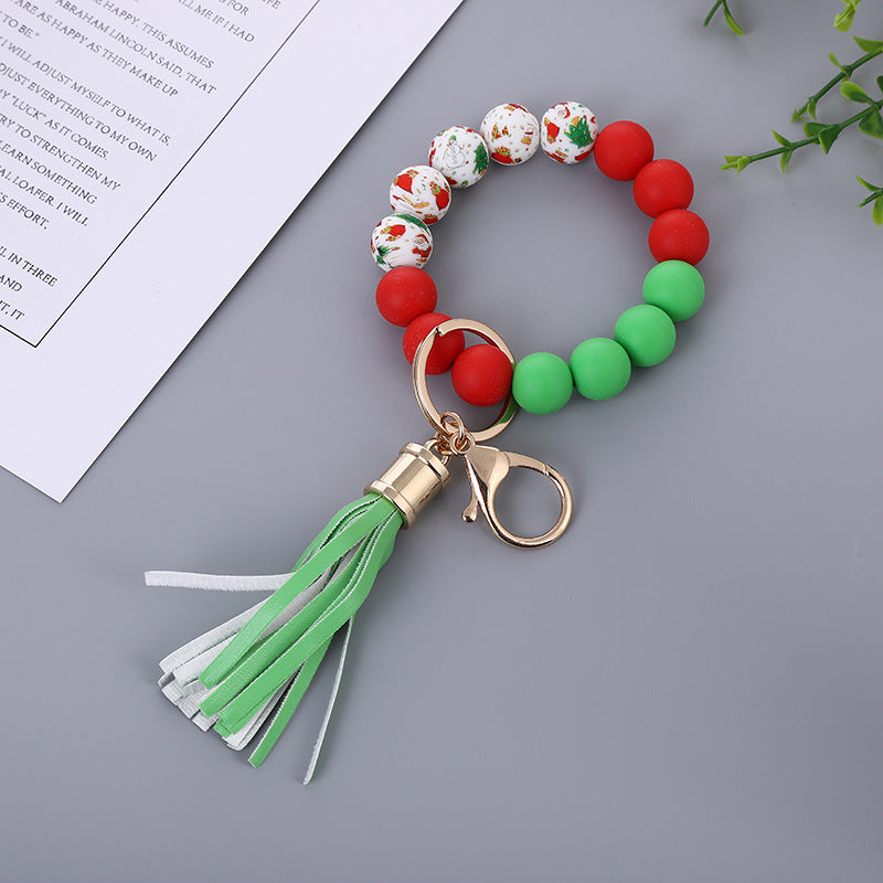 Wholesale Christmas New Silicone Beads PU Tassel Wooden Beads Bracelet Keychain