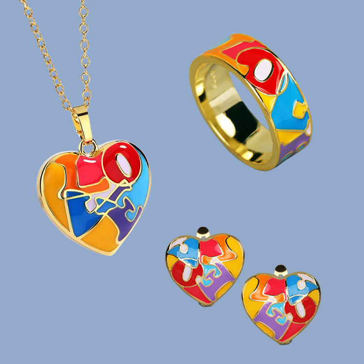 Wholesale Alphabet Love LOVE Color Enamel Copper Ring Necklaces Earrings Three-piece Set