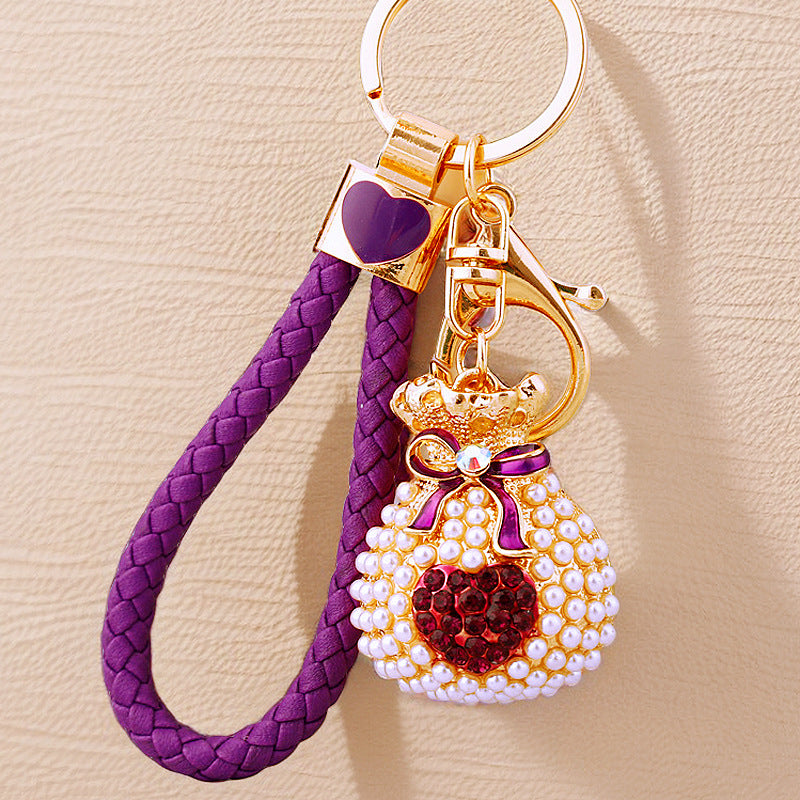Wholesale Metal Pearl Heart Lucky Bag Keychain Cute Car Key Accessory Bag Charm For Women Gift