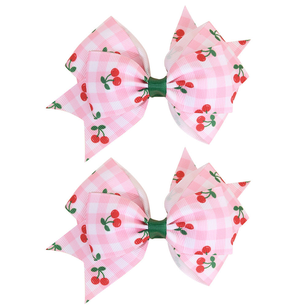 Wholesale Pink Plaid Cherry Print Bow Hairpin