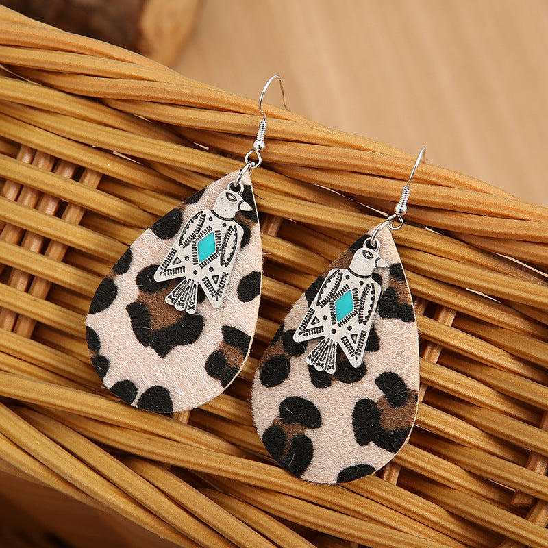 Wholesale Vintage Western Style Leopard Print Eagle Leather Plush Leather Earrings