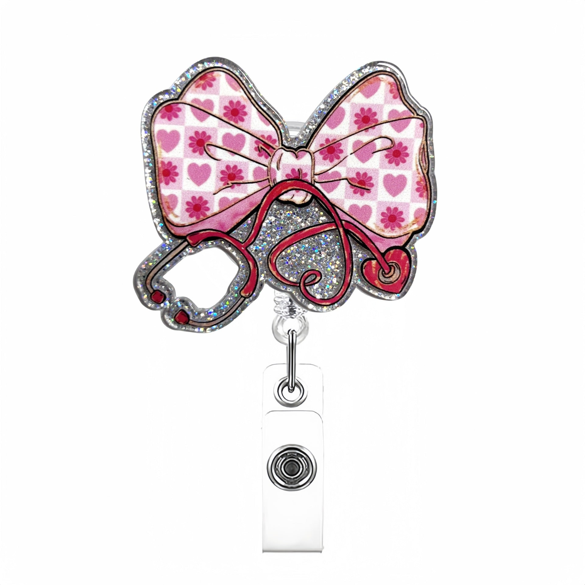 Wholesale  glitter acrylic pink bow staff doctor nurse medical student retractable chest card holder easy pull buckle
