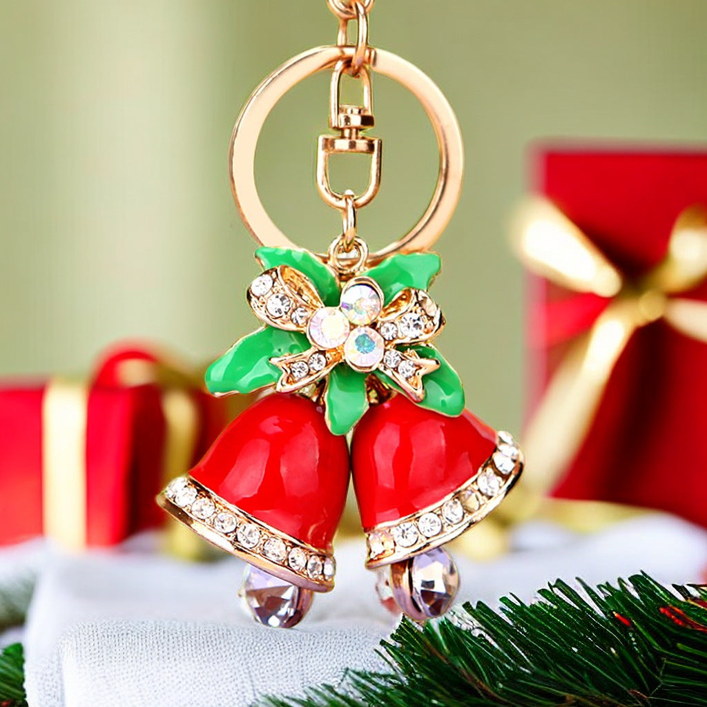 Wholesale Woven Rope Christmas Bell Inlaid with Diamond Metal Keychain