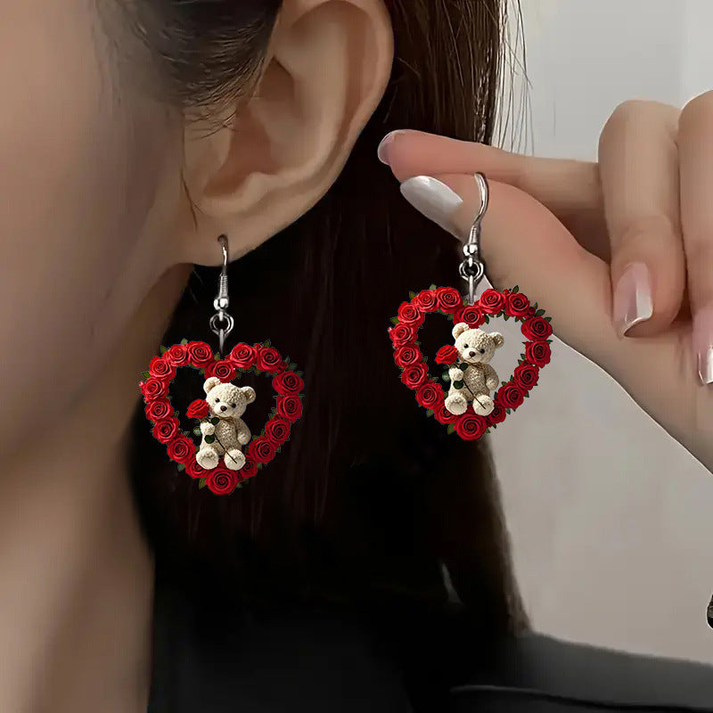 Wholesale Acrylic Rose Bear Heart Earrings