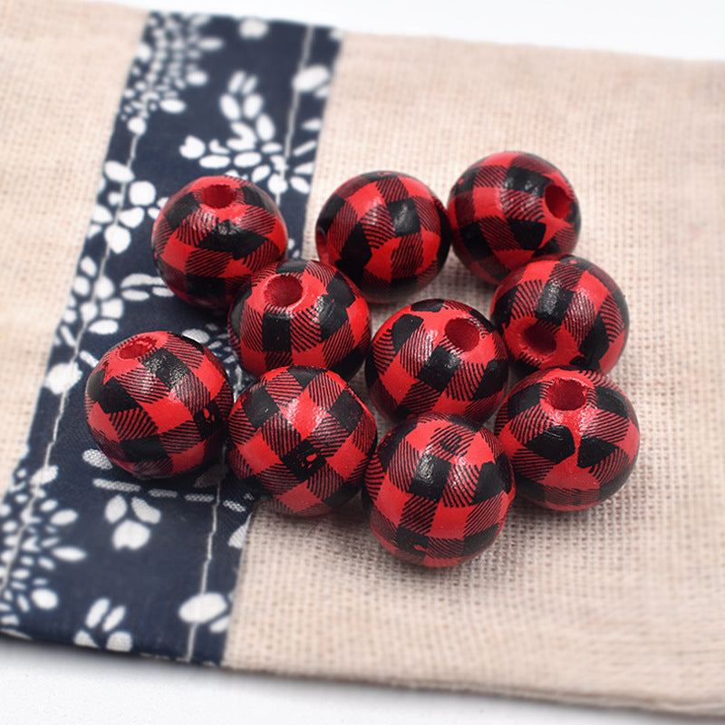 Wholesale 10PCS Houndstooth Wooden Beads DIY Beads Colored Plaid Wooden Beads