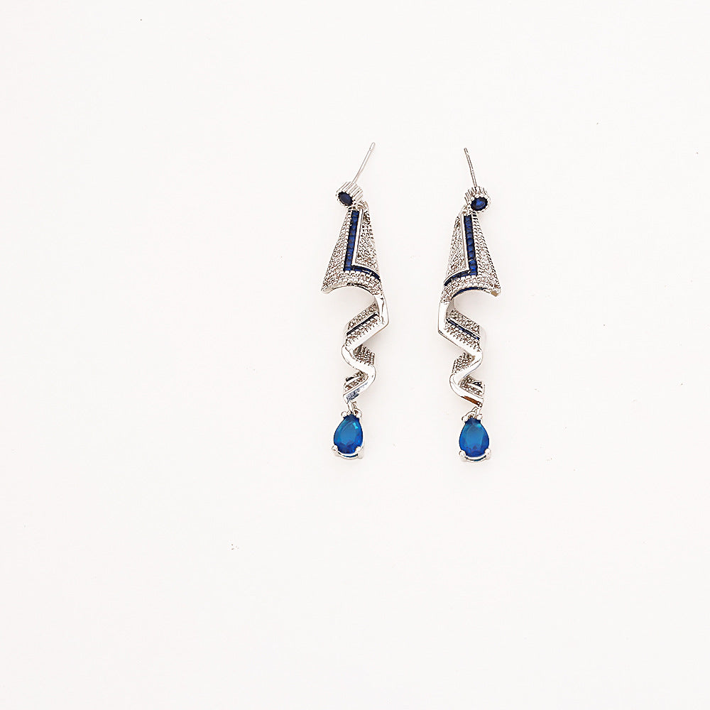 Wholesale Blue Copper Plated Gold Zircon Long Earrings