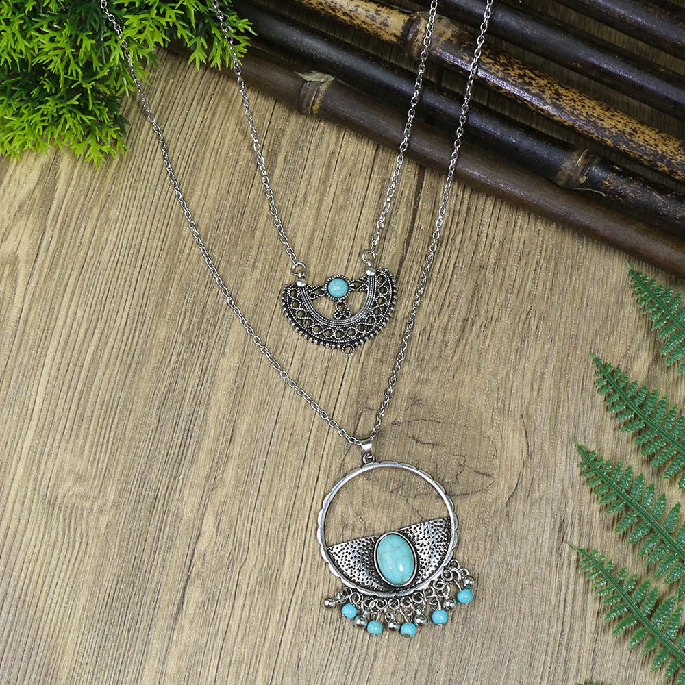 Wholesale Ethnic Style Multi-layered Geometric Flower Pendant Turquoise Long Alloy Necklace