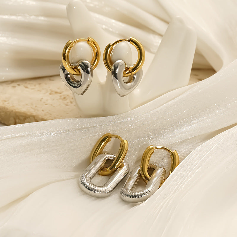 Wholesale Detachable Color-Blocked Peach Heart Threaded Oval Stainless Steel Earrings