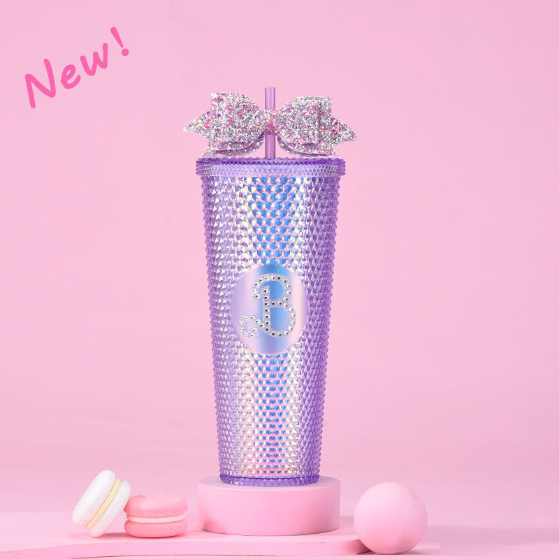 Wholesale Double-layer Plastic 710ml Large Capacity Straw Cup with Glitter Bow Tie Hand Cup Durian Cup