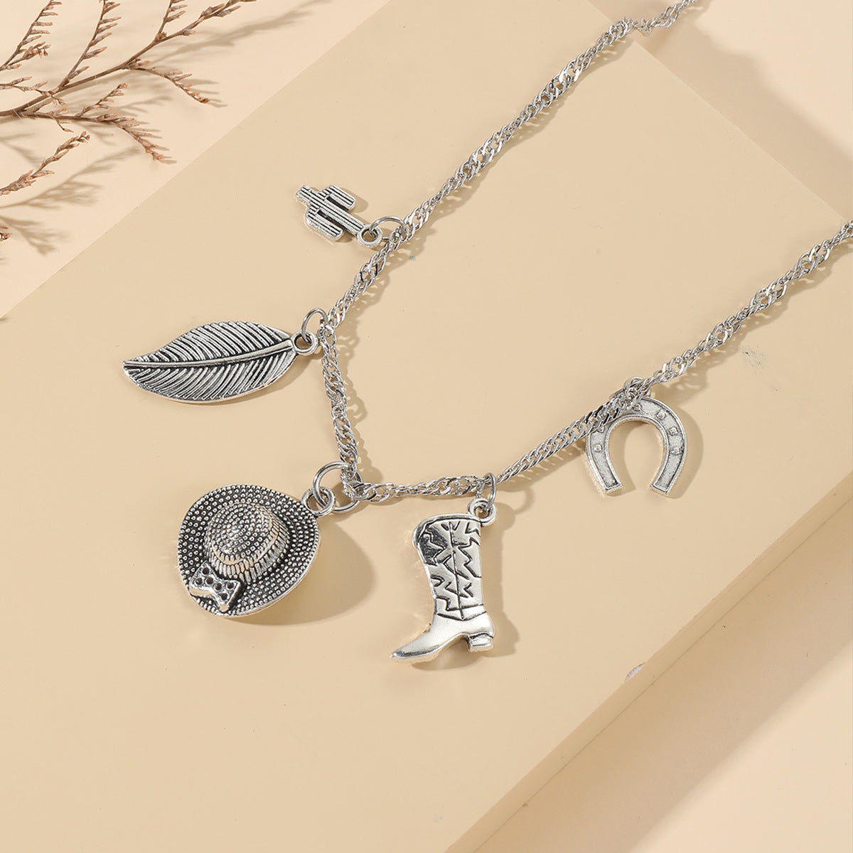 Wholesale Vintage Leaf Hat Boots Cactus Pendant Alloy Hollow Necklace