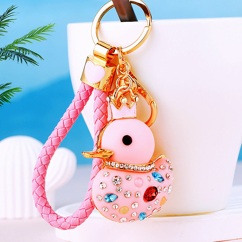 Wholesale Cute Crystal Studded Little Yellow Duck Car Keychain Bag Charm For Women Boutique Resale Decorative Accessory