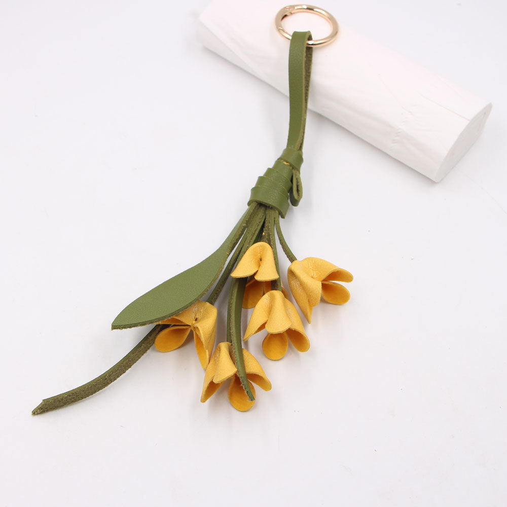 Wholesale Artificial Leather Handmade Golden Osmanthus Flower Pendant Bag Charm Stylish Decorative Car Key Accessory For Boutique Resale