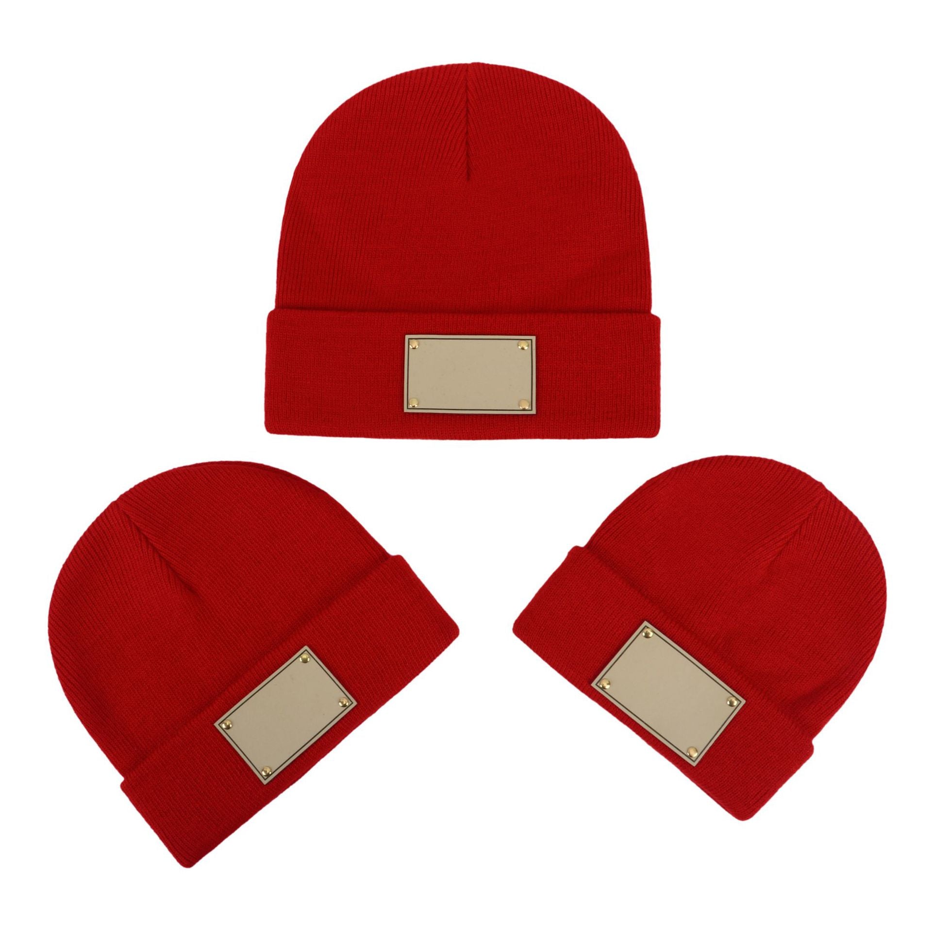 Wholesale Fashion Retro Infant and Toddler Children Blank Engravable Leather Label Knitted Warm Pullover Beanie