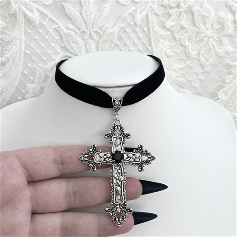 Wholesale Gothic Black Gemstone Cross Velvet Necklace
