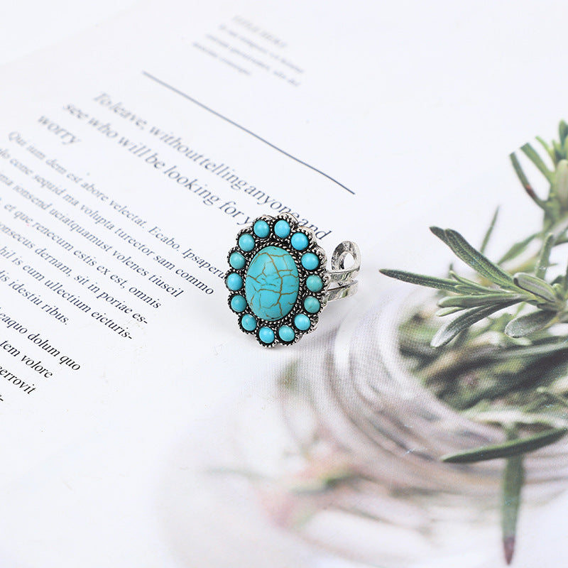 Wholesale Bohemian Western ethnic turquoise carved feather ring