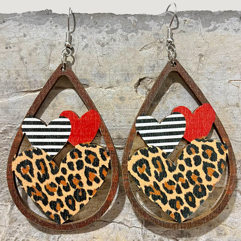 Wholesale 2 Pairs/pack Valentine's Day Hollow Heart Leopard Print Wooden Earrings