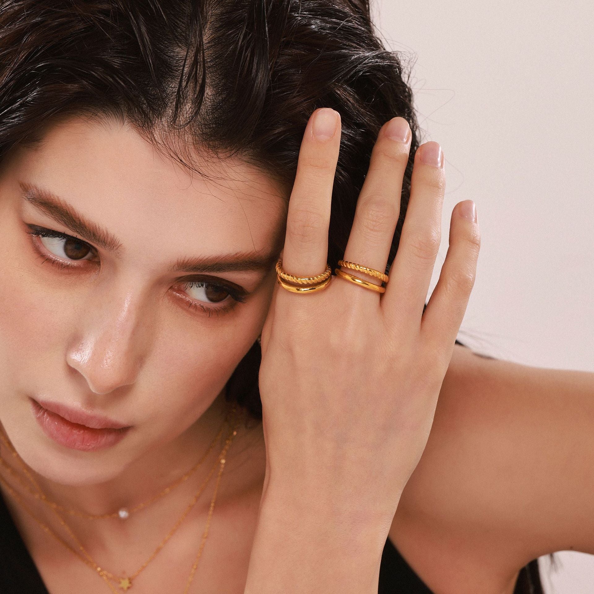 Wholesale Gold-plated twisted double-layer open stainless steel ring