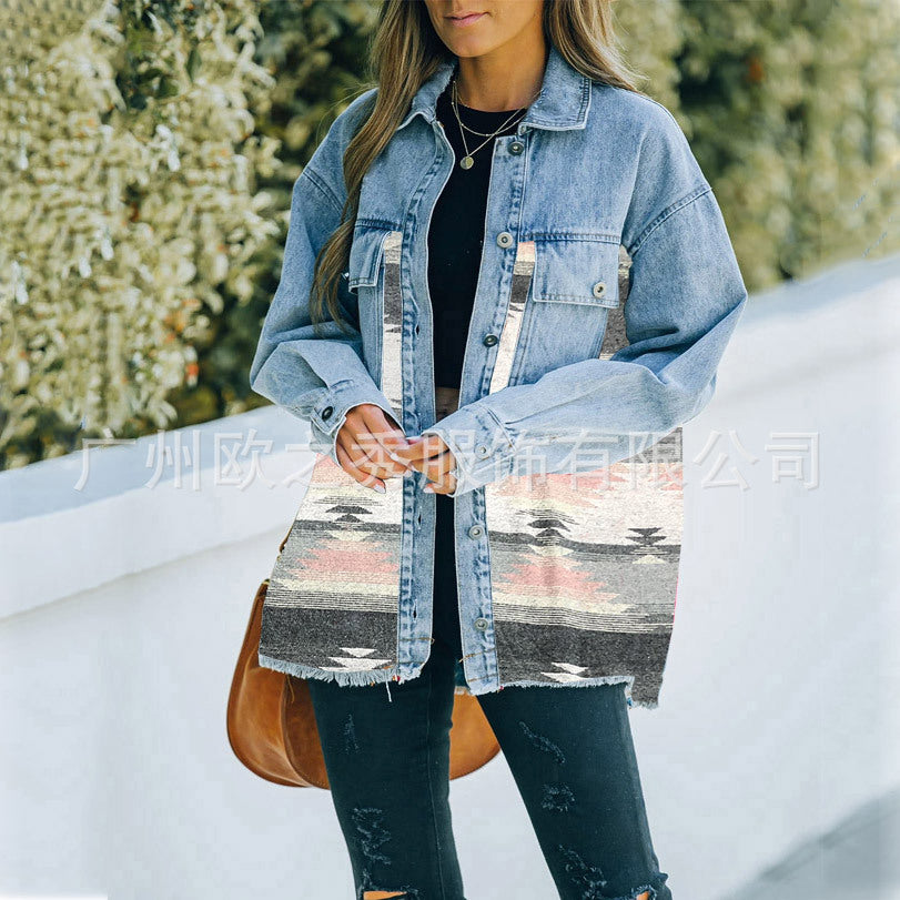 Wholesale Aztec Denim Patchwork Woolen Jackets