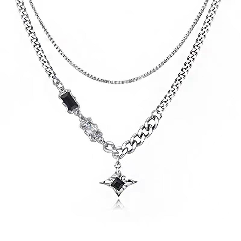 Wholesale hip-hop style couple collarbone chain titanium steel Mangxing double-layer necklace