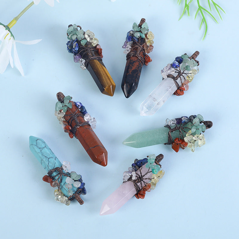 Wholesale Crystal Raw Stone Hexagonal Column Wrapped Copper Wire Tree of Life Colorful Gravel Pendant Necklaces