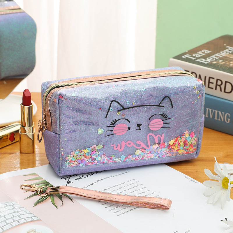 Wholesale Cat cartoon cosmetic bag quicksand pencil case cosmetic bag