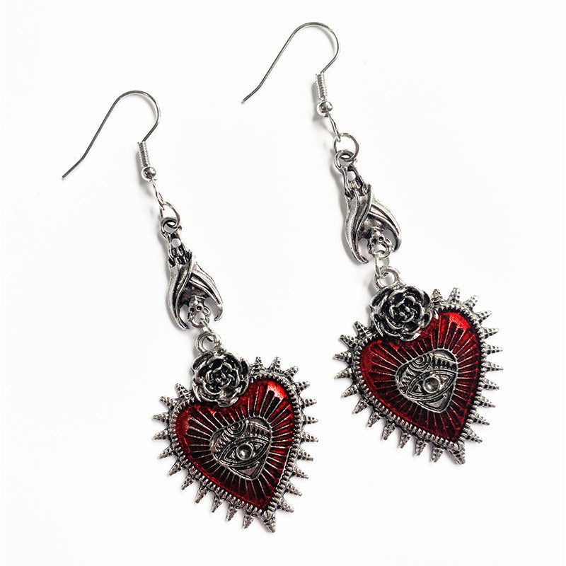 Wholesale Dark Gothic Style Wild Rose Heart Shaped Blood Eye Oil Drop Bat Earrings