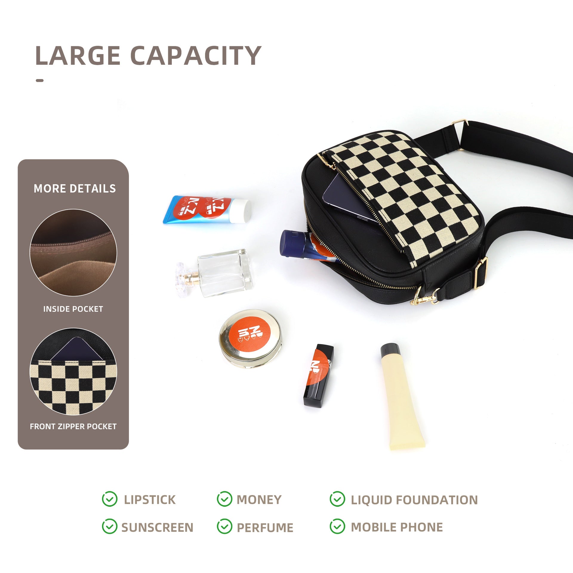 Wholesale Checkered Checkered Colorblock Zipper Shoulder Bags