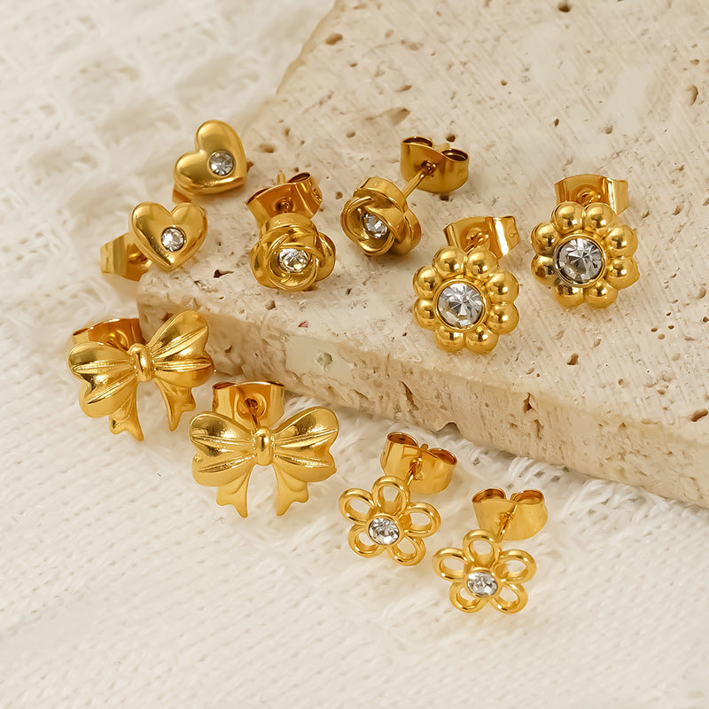 Wholesale Stainless Steel Heart Flower Hollow Zircon Bow Earrings