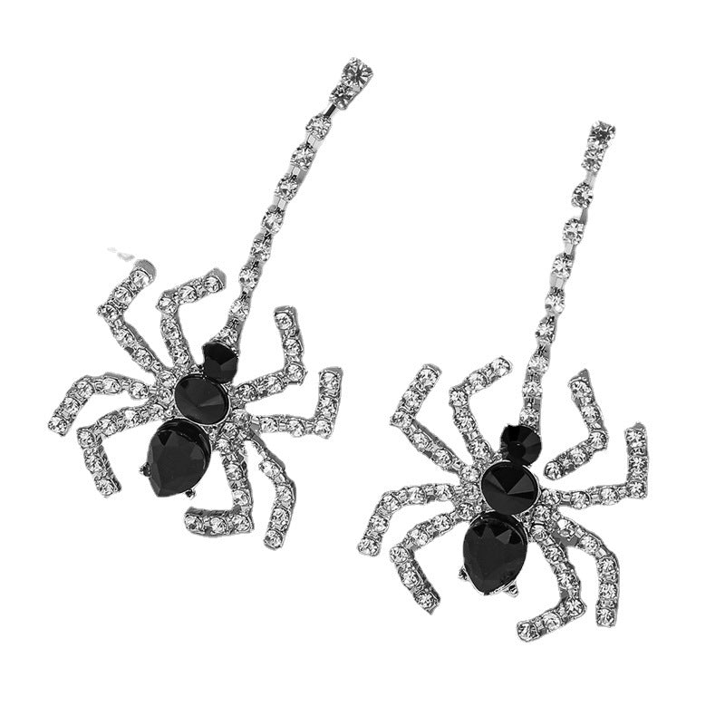 Wholesale 2pairs/pack Halloween Black Spider Black and White Water Diamond Long Metal Earrings