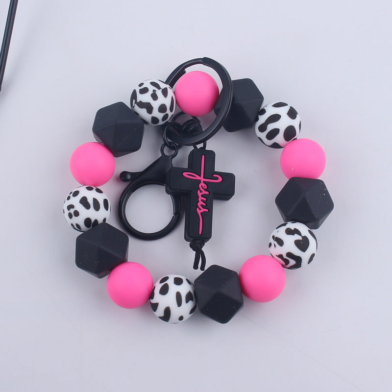 Wholesale Cartoon Bull Head Aztec Cross Silicone Beaded Wrist Keychain
