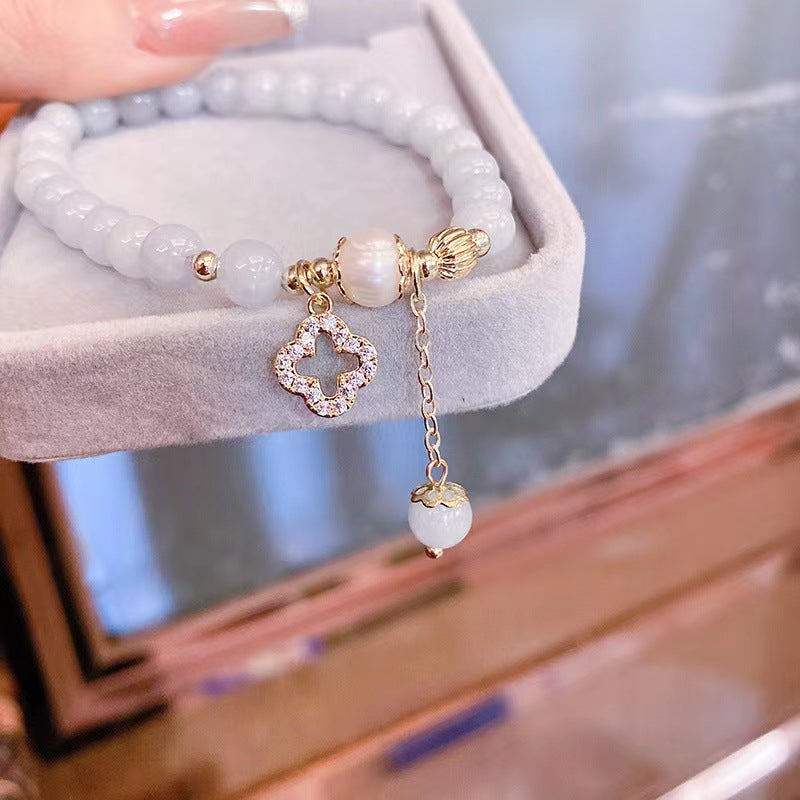 Wholesale Fashionable All-match Four-leaf Clover Aquamarine Cat's Eye Bracelet