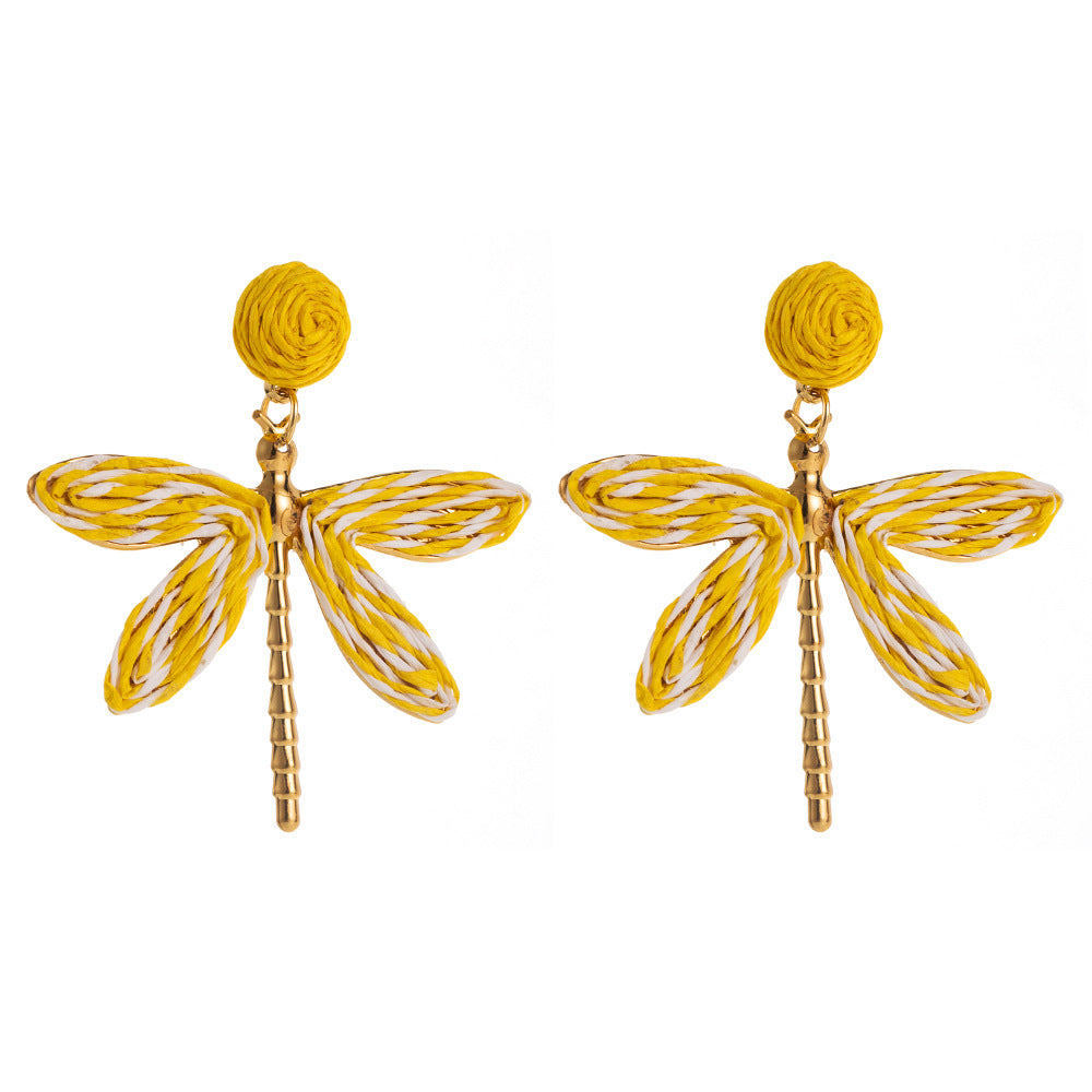 Wholesale Bohemian Holiday Style Hand-woven Raffia Dragonfly Earrings