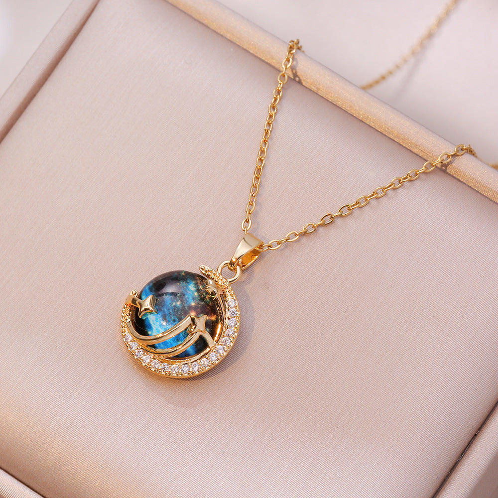 Wholesale Vintage Micropaved Zircon Star and Moon Blue Starry Sky Clavicle Chain