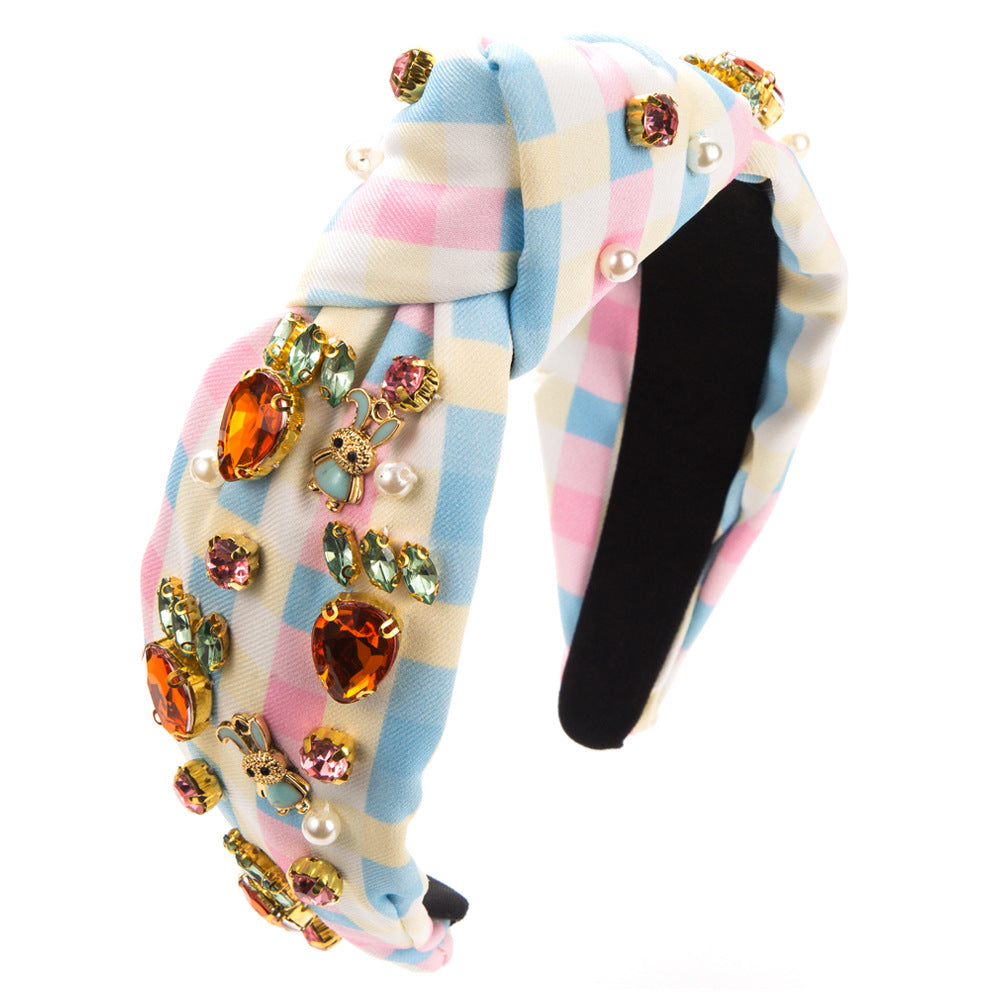 Wholesale Easter Mesh Fabric Hand-stitched Glass Diamond Rabbit Headband